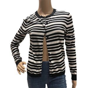 LORD & TAYLOR Black & White Striped Button Up Cardigan Cotton Blend Petite M